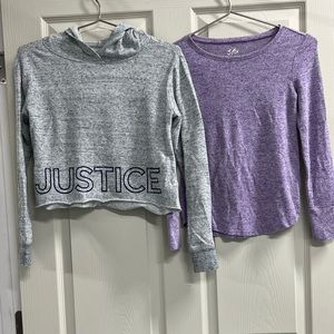 Justice Grey Hooded Sweatshirt & Purple Long Sleeve Top - Size 8 - VGUC